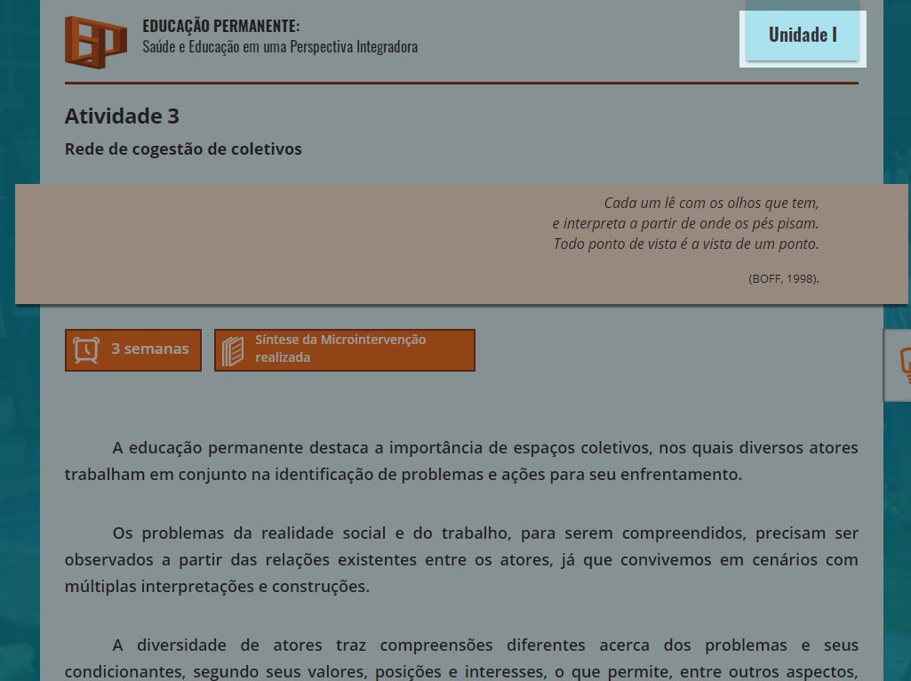 A imagem mostra a tela do percurso com a identificação de unidade no cabeçalho destacada.