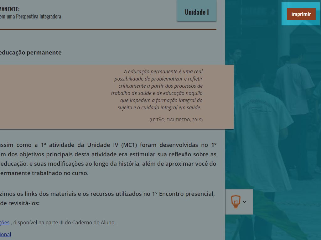 A imagem mostra a tela do percurso de aprendizagem com o botão "imprimir" em destaque.