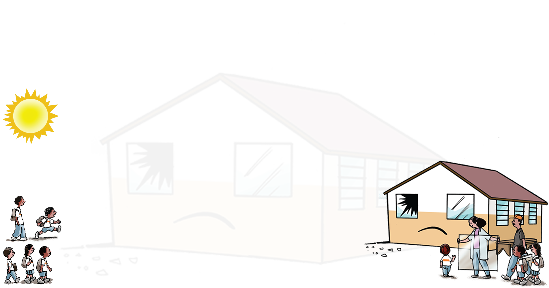 Alunos, funcionários e uma professora que segura um vidro se reunem sorrindo na frente de uma escola que está com o vidro de uma das janelas quebrado.