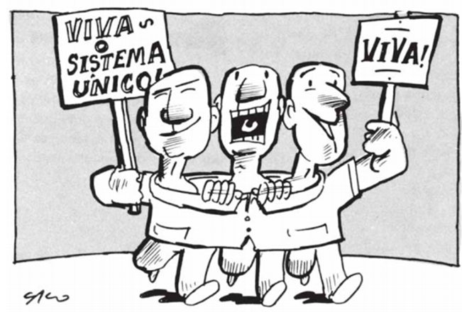 Ilustração com três pessoas dentro de um mesmo terno. Na mão da pessoa à esquerda o cartaz "Viva o Sistema Único!", a pessoa do meio está falando algo e a da direita com um cartaz escrito: "Viva!"