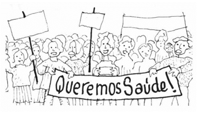 Ilustração preta e branca contendo pessoas em manifestação segurando cartazes e um central com o dizer: Queremos saúde!