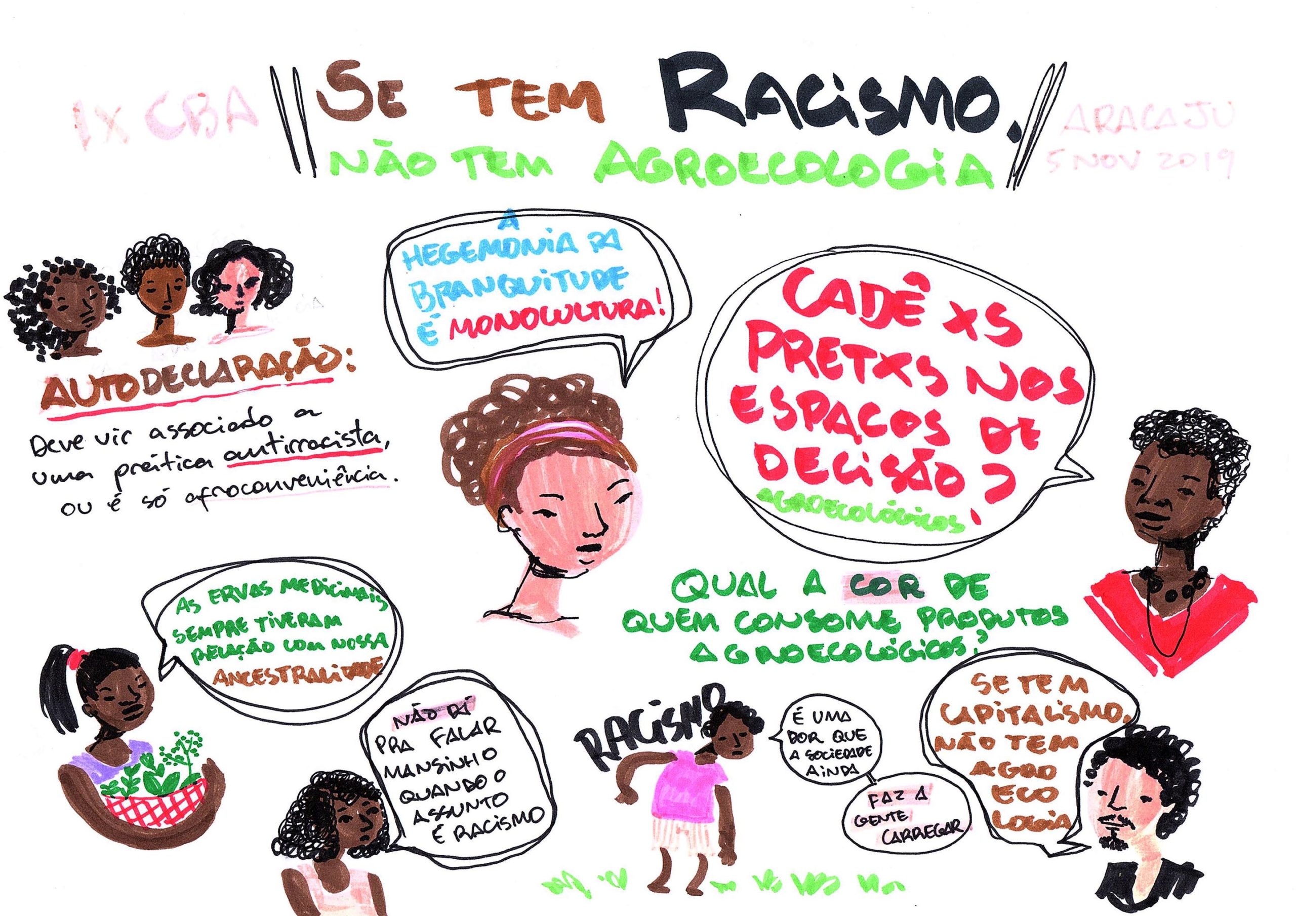 Cinco mulheres em roda, em pé, na mata. 