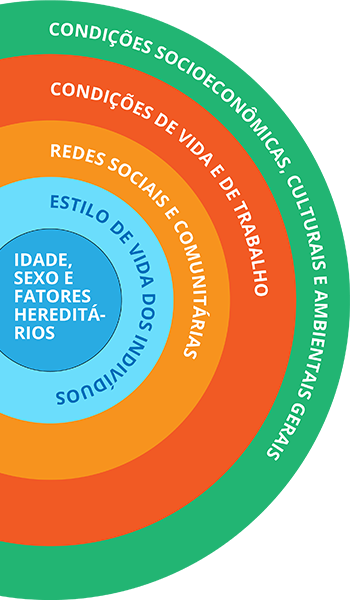 Esquema com círculos mostrando as diferentes dimensões da determinação social da saúde. Do menor para o maior, representam: Idade, sexo e fatores hereditários; estilo de vida dos indivíduos; redes sociais e comunitárias; condições socioeconômicas, culturais e ambientais gerais. 