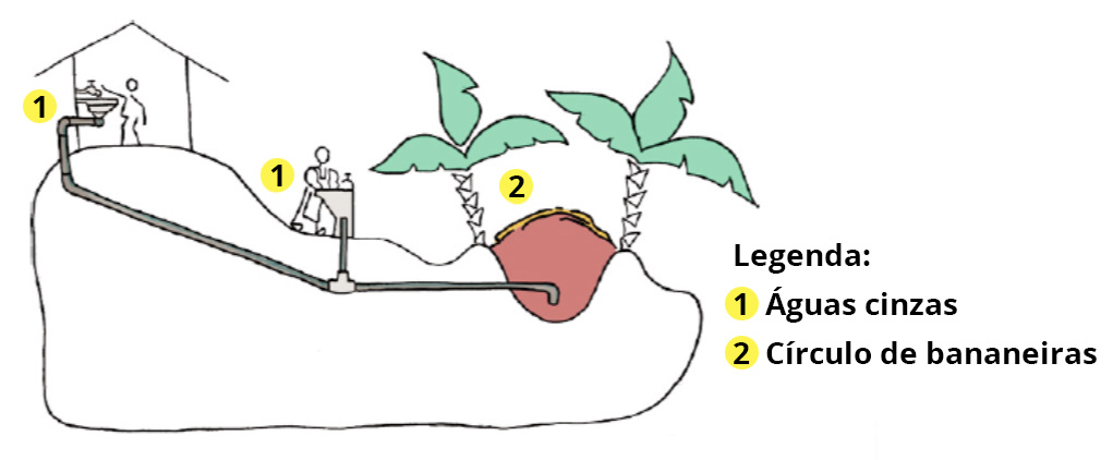Desenho esquemático que mostra como deve ser produzido o sistema de captação das águas cinzas. Um cano liga a ilustração de uma casa, desenhada à esquerda, e de uma pessoa, ao meio, ao círculo de bananeiras, mostrando o caminho que as águas cinzas fazem desde que são coletadas até o ponto em que acontecerá a evapotranspiração, com a água já limpa.