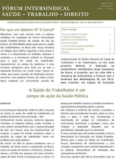Exemplo de uma página do boletim do Fórum Intersindical Saúde-Trabalho-Direito.