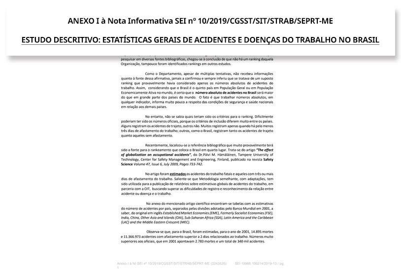 Exemplo de uma página do documento de descrição das estatísticas de acidentes de trabalho no Brasil em 2019.