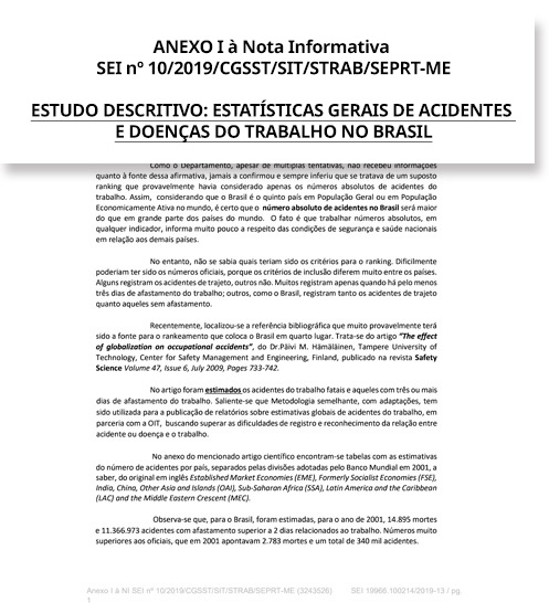 Exemplo de uma página do documento de descrição das estatísticas de acidentes de trabalho no Brasil em 2019.